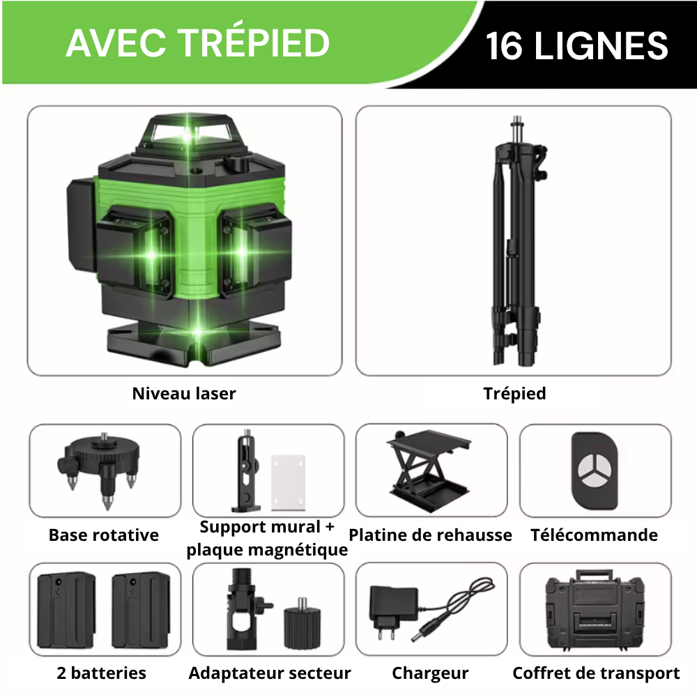 Niveau Laser 4D 16 Lignes Vert - Auto-Nivelant 360°, Trépied Inclus